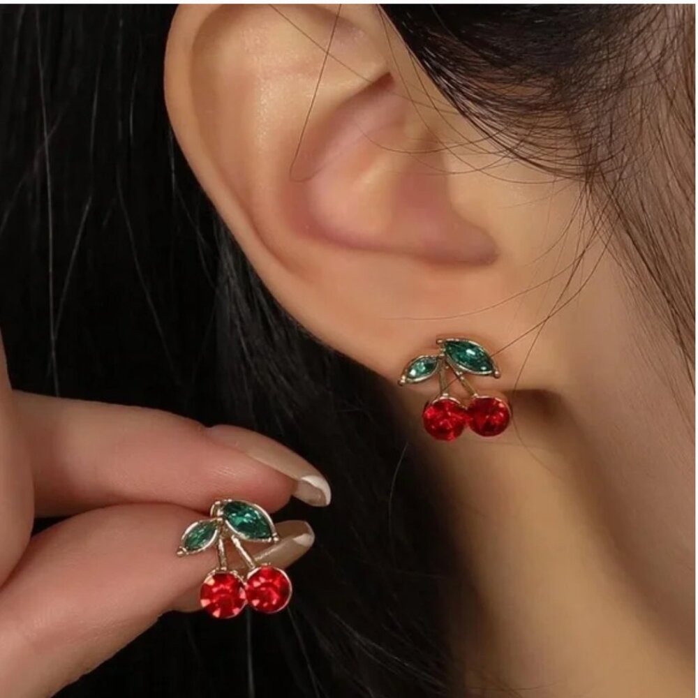 Pre-packaged Sparkling Cherry Stud Earrings | Cute Rhinestone Jewelry